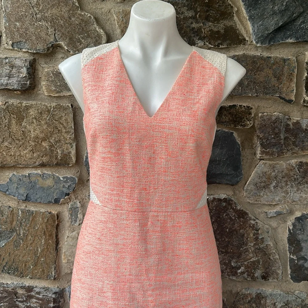 J.Crew Sleeveless Sheath Dress Coral Pink Tweed Size 4 V-Neck Lace Back Detail